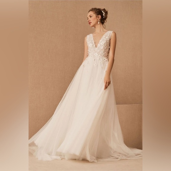 NEW BHLDN Jenny Yoo Elena V-Neck Floral Applique Sleeveless Wedding Dress Sz 10 - Picture 1 of 16